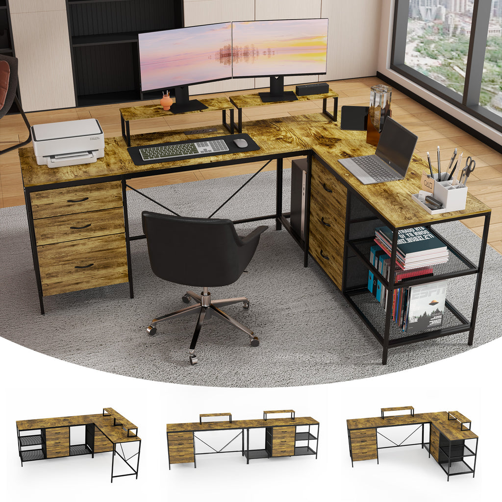 114-inch L-shaped office desk with USB-C charging hub — angle view