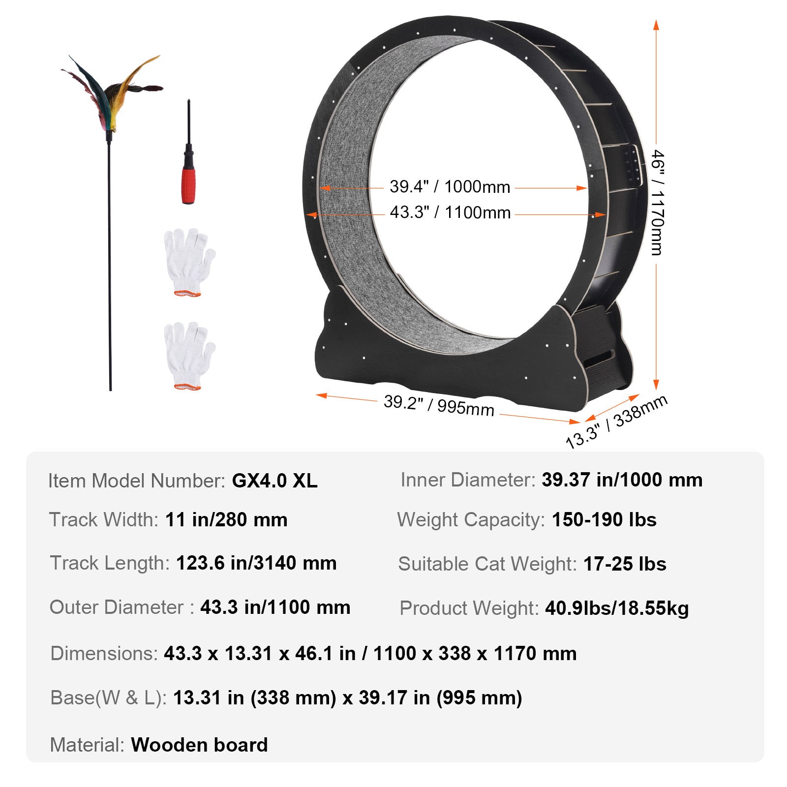 43.3" Large Cat Exercise Wheel — Silent Indoor Treadmill for Cats