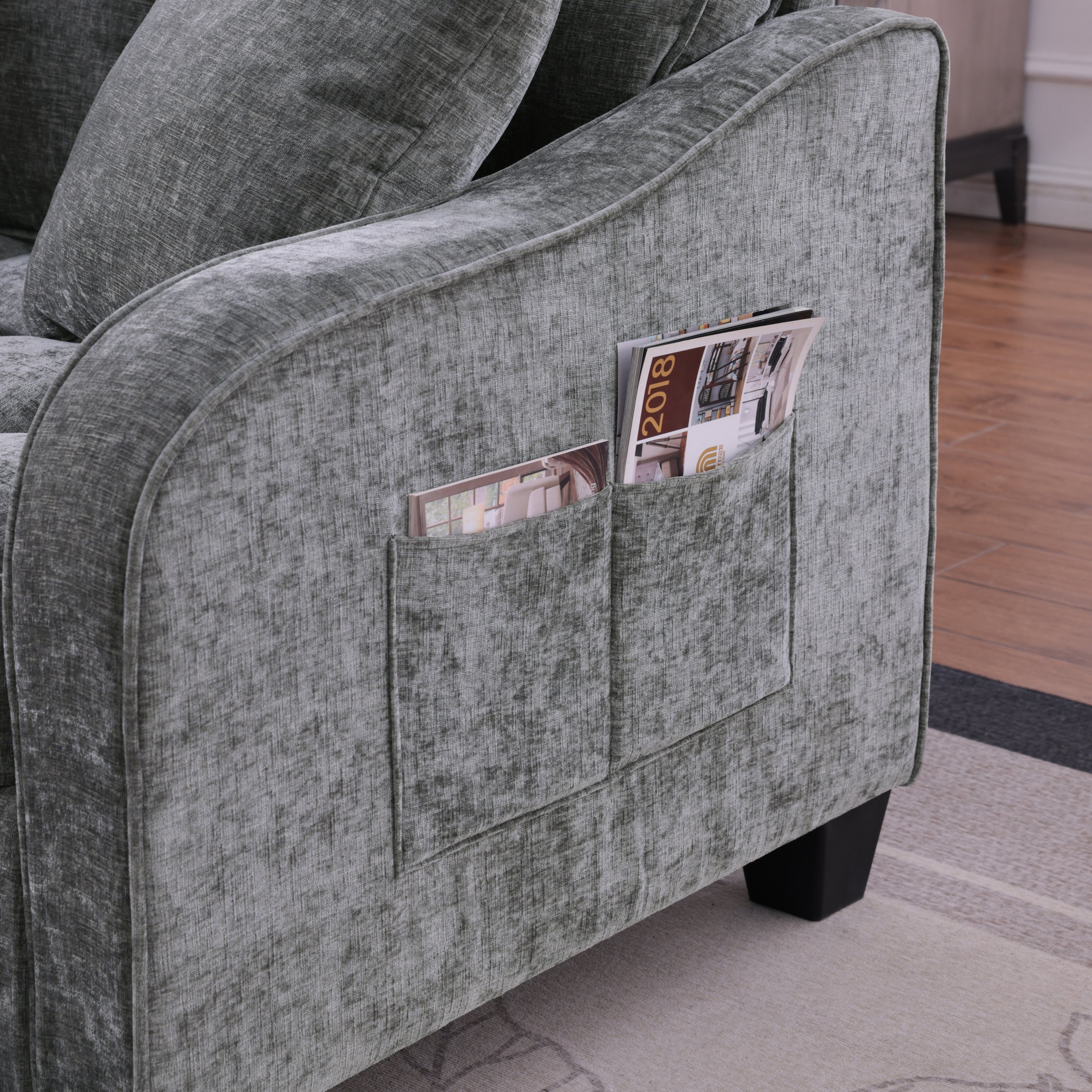 Corduroy 2-Seater Sofa Chaise — Storage Footrest & 2 Pillows, 42.7" Wide