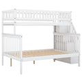 White twin over full stairway bunk bed with side shelves — front view