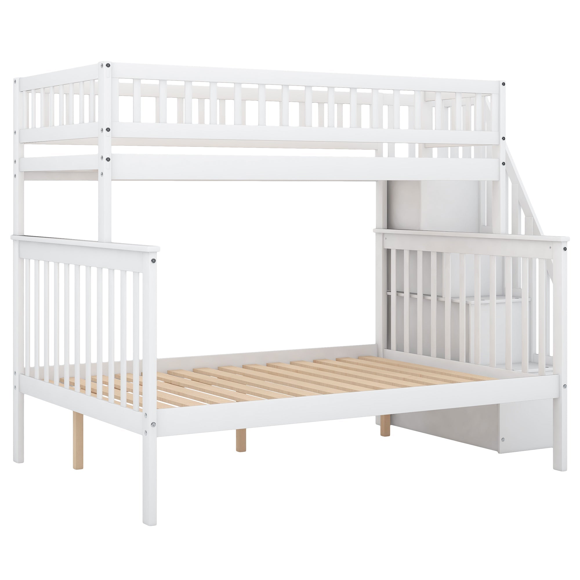 Twin over Full Stairway Bunk Bed with Side Shelves & Storage — Pine Wood