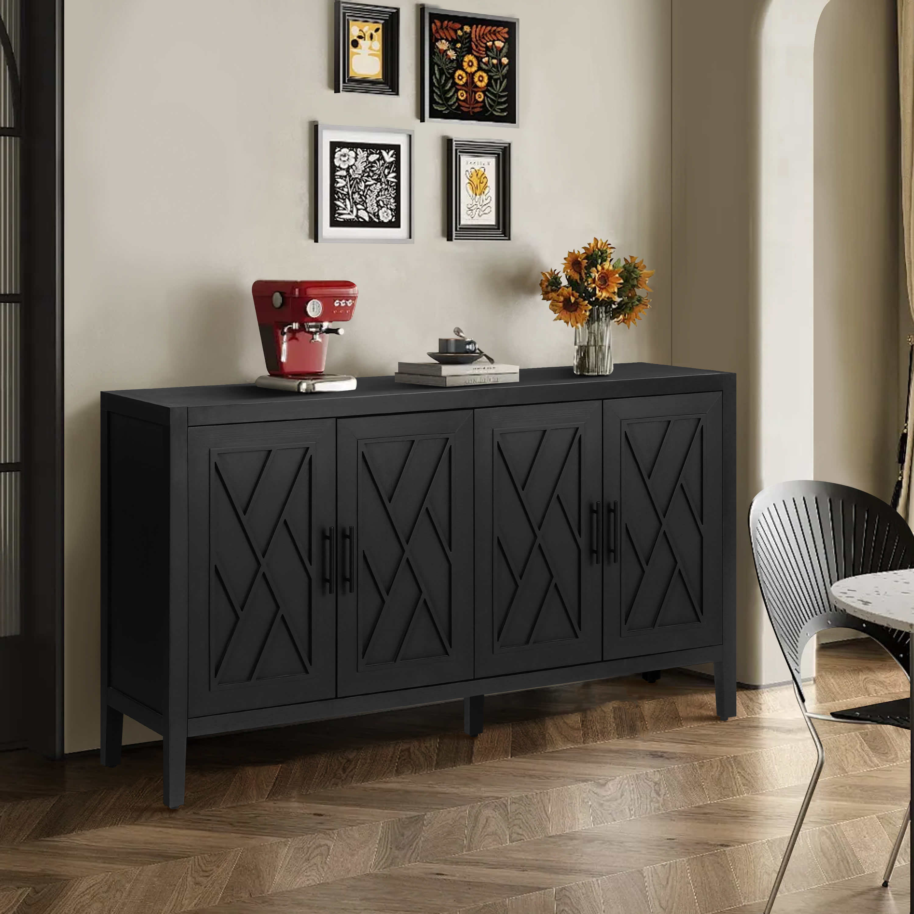 Antique black 4-door farmhouse sideboard — front view
