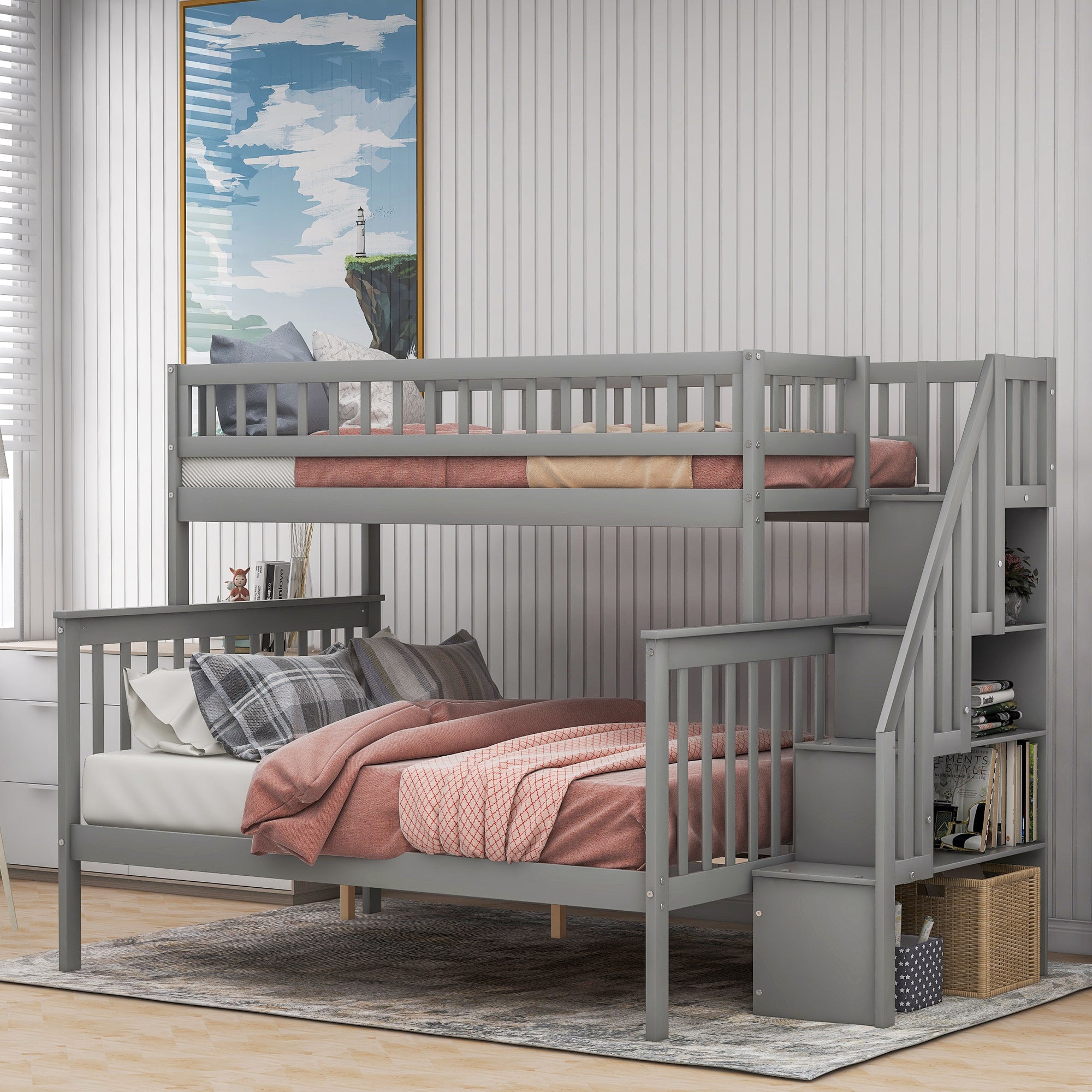 Gray stairway bunk bed with side shelf storage detail