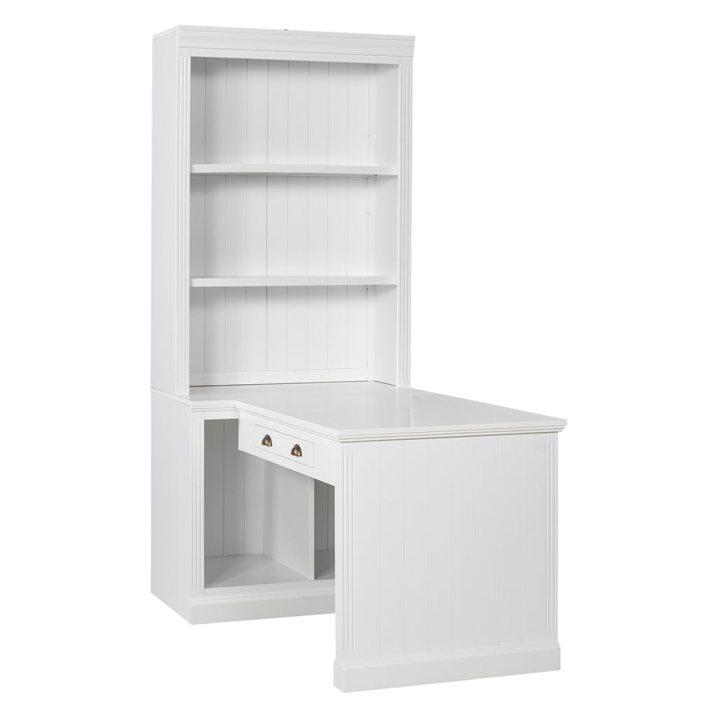 Smooth-glide drawer open on white writing desk bookcase