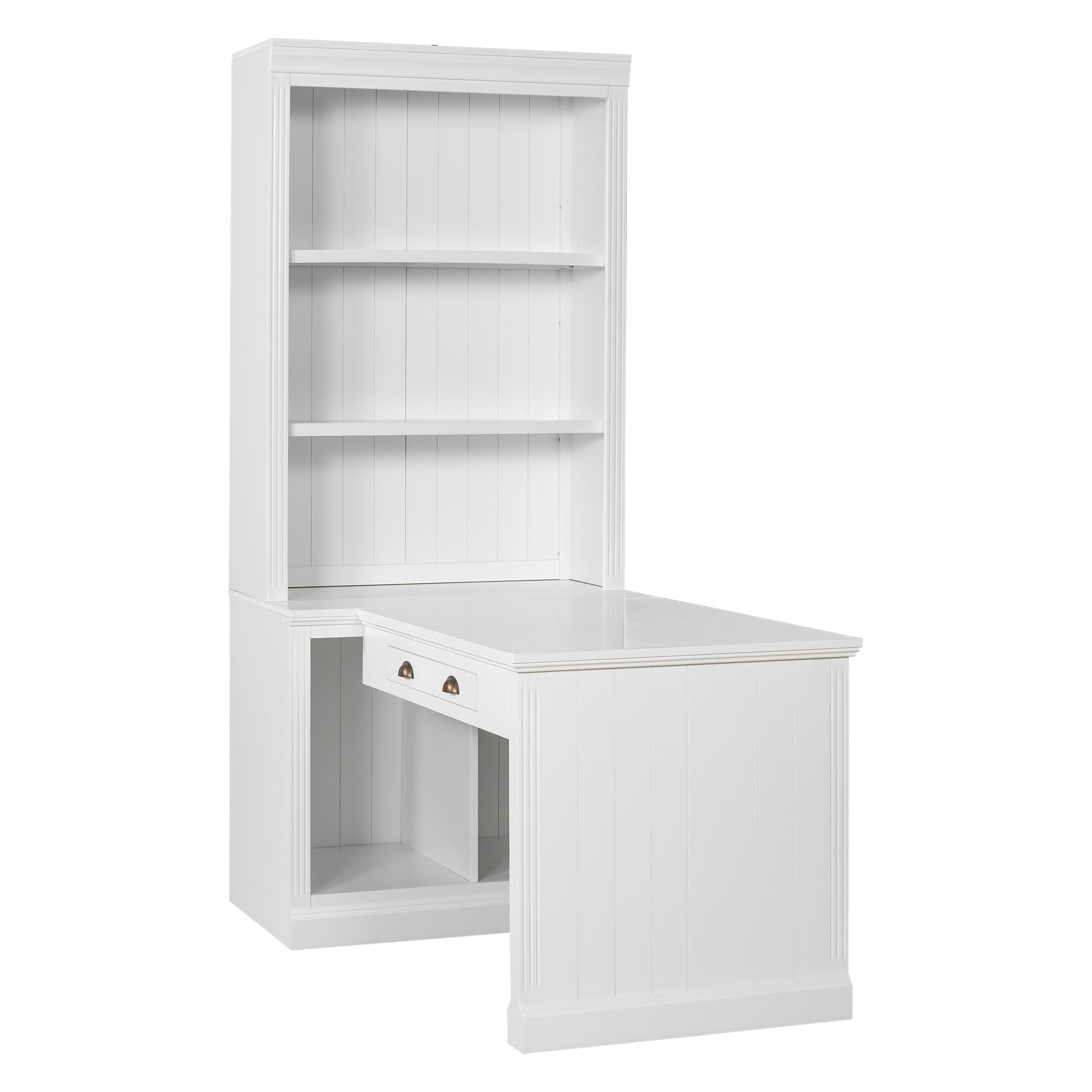 Smooth-glide drawer open on white writing desk bookcase