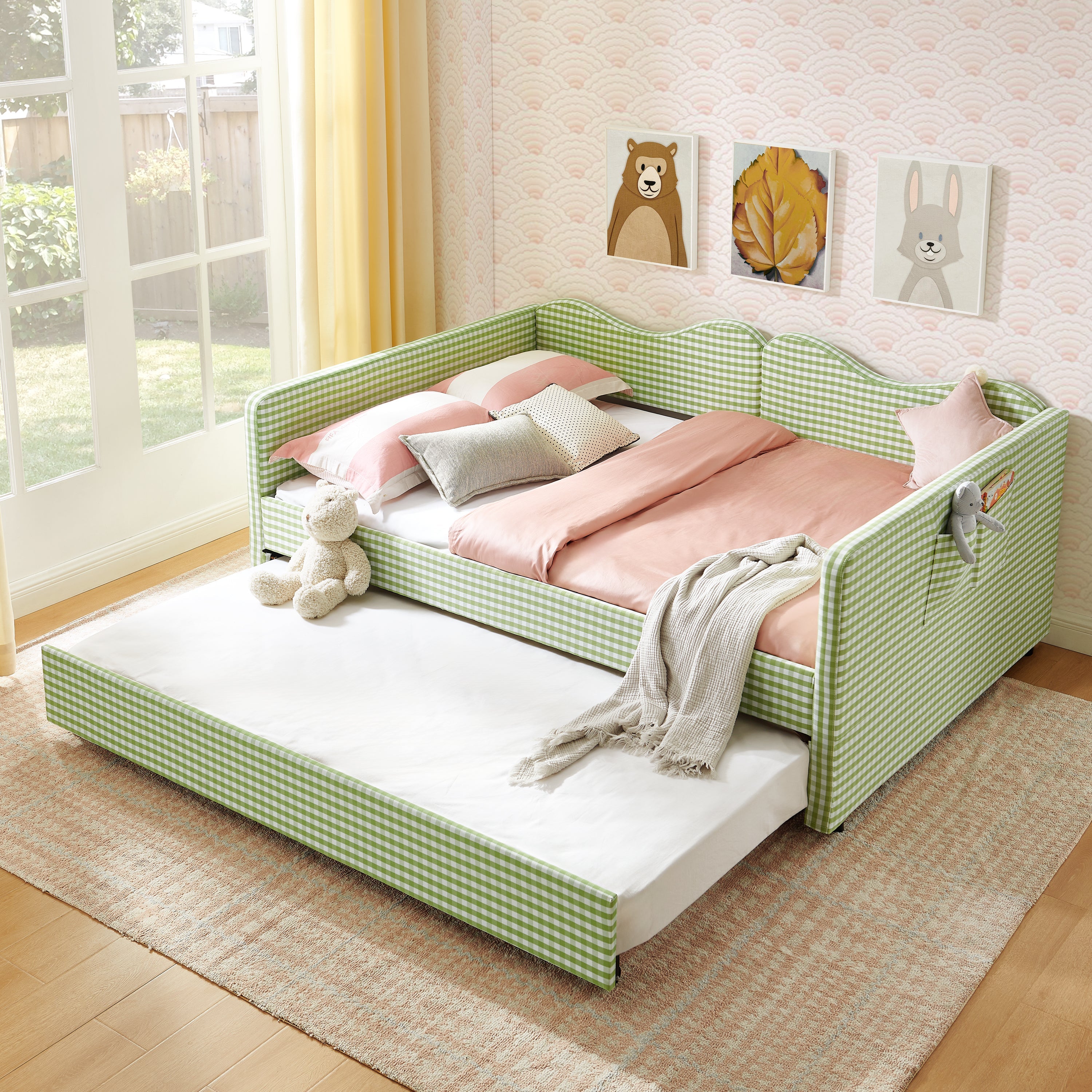 Full‑Size Daybed,Gingham Upholstered Daybed Equipped with Pull-Out Trundle Bed Frame & Side Storage Pocket, Solid Wood Frame Multi-Functional Sofa Bed for Kids Room & Guest Bedroom-PINK