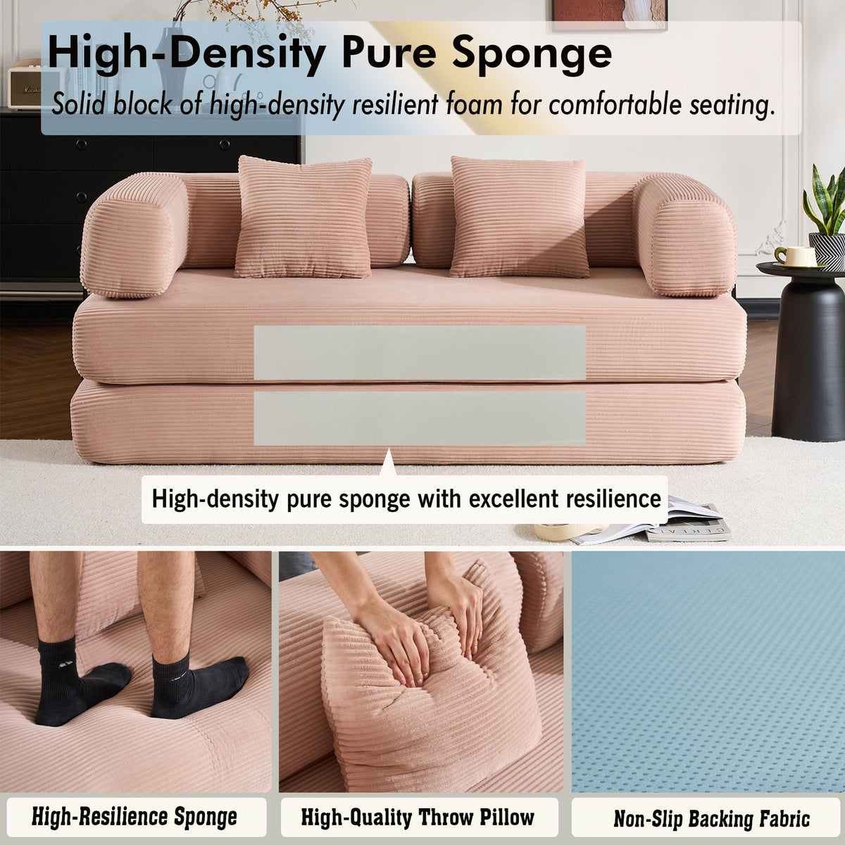 Convertible Sleeper Sofa Bed with Cylindrical Pillow, Corduroy Folding Mattress Couch with Fixed-Shape Frame, Floor Sofa Lounge Couch for Living Room Bedroom Black