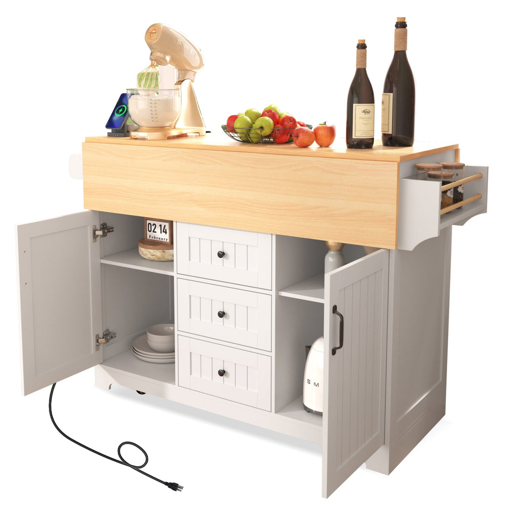 K&K 55.7'' Large Kitchen Island with 2 Drop Leaf,, Rolling Kitchen Cart on 5 Wheels with Power Outlet, Folding Storage Dining Table with Spice & Towel Rack , 3 Drawers, for Kitchen, Dining Room,Black