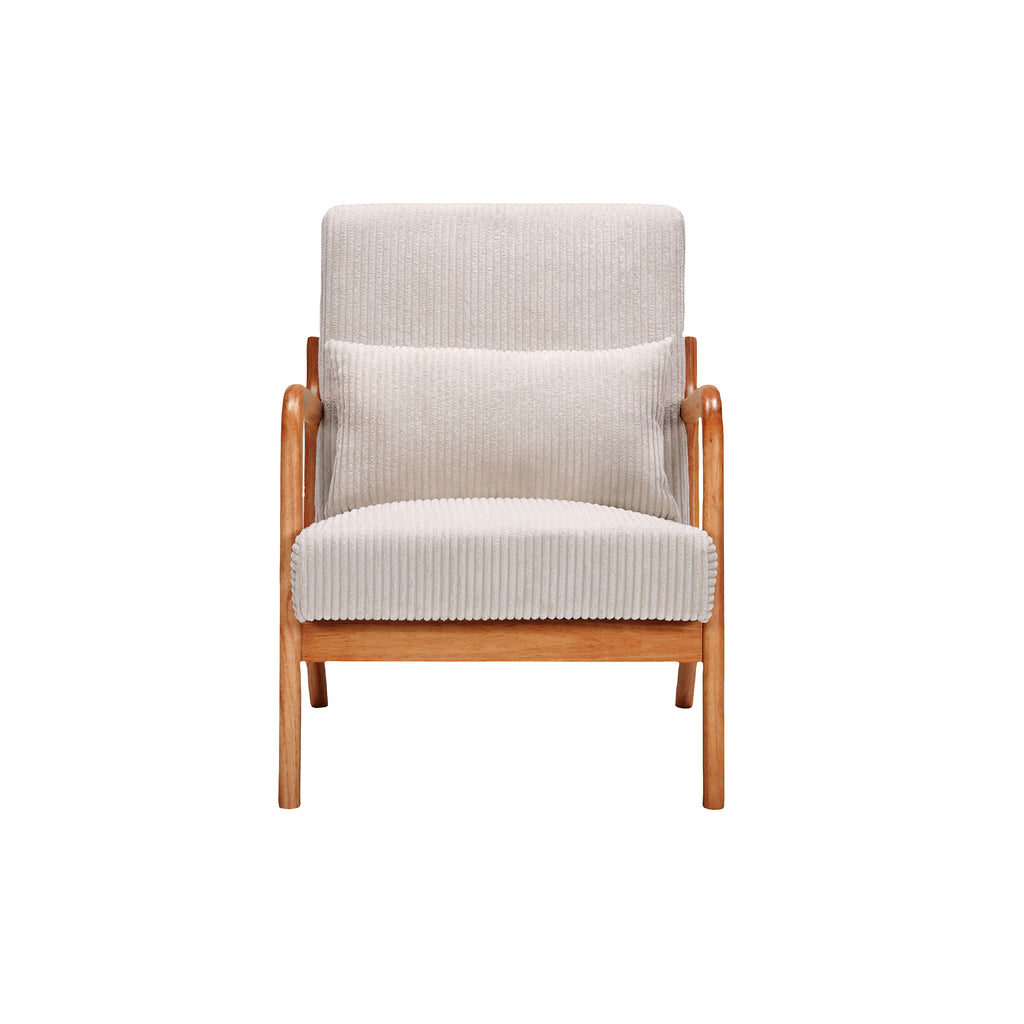 Beige accent chair seat and arm detail