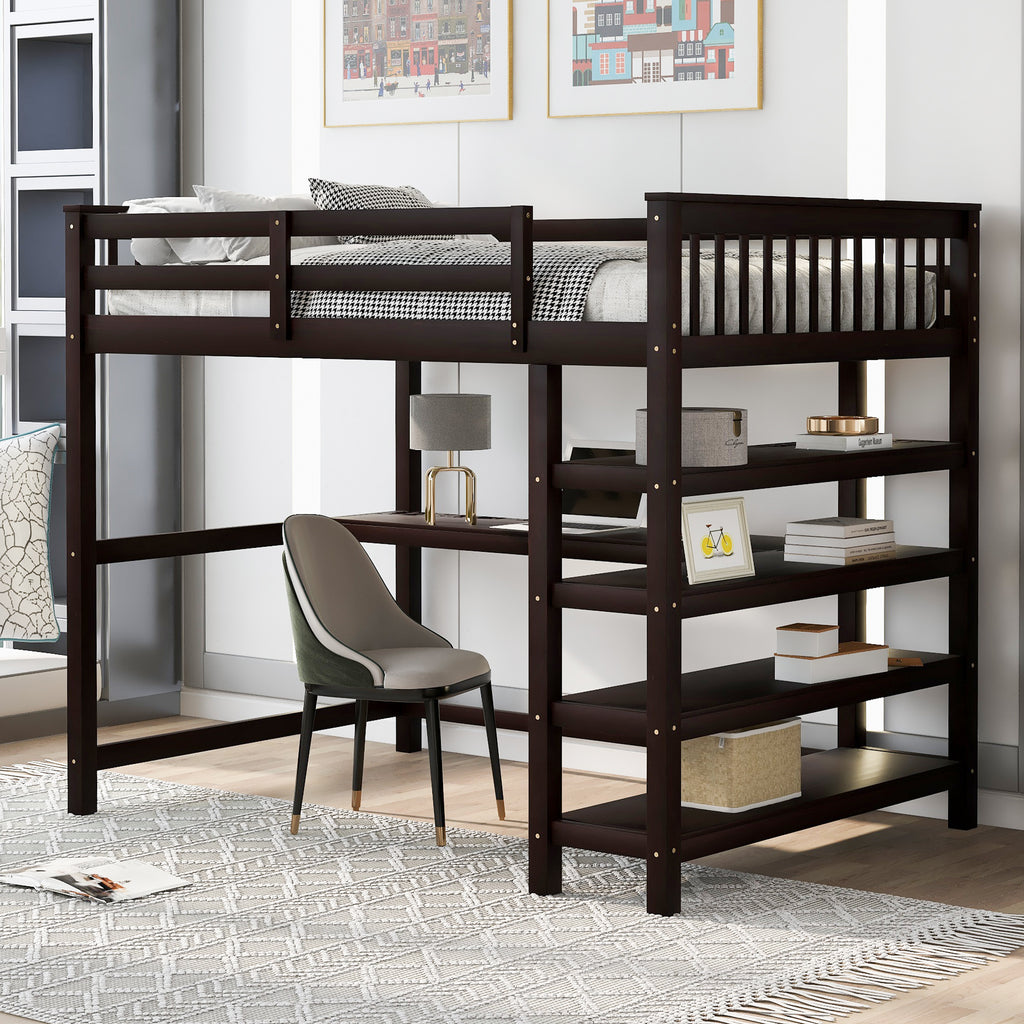 Full loft bed elevated sleeping area with guardrails