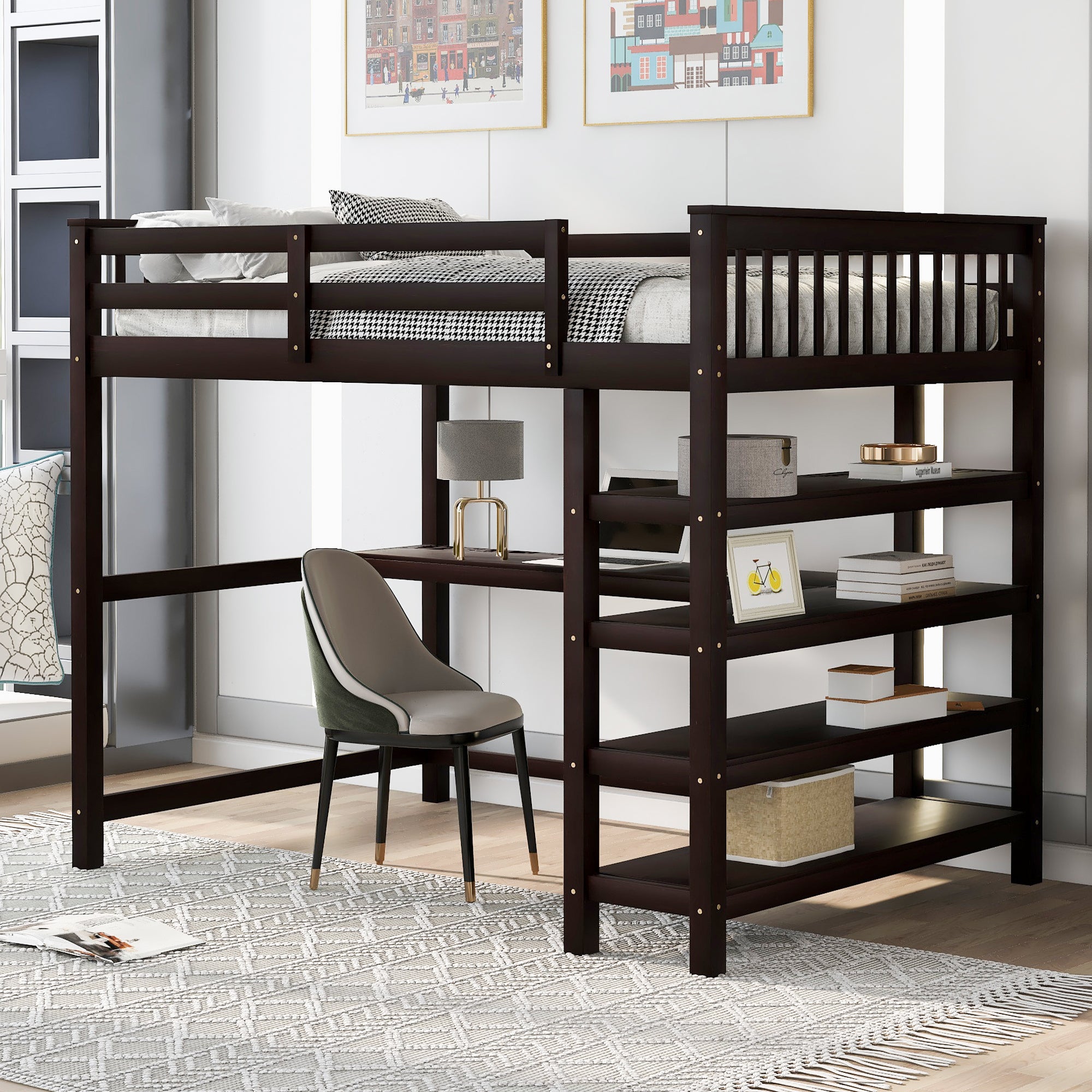 Full loft bed elevated sleeping area with guardrails