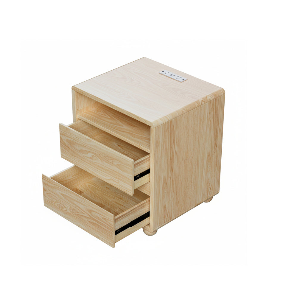 20' Modern Nightstand with 2 Drawers and Shelves, Solid Wood Bedside Table with Charger Station, Mid Century Curved Design in Natural Wood
