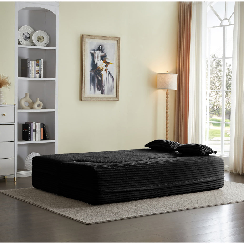 Modern Floor Sofa with 2 Pillows, Convertible Plush Corduroy Foam-Filled Sleeper Sofa Bed,15 ' Full Size Folding Mattress for Living Room, Guest Bed, no assembly required, Light Grey