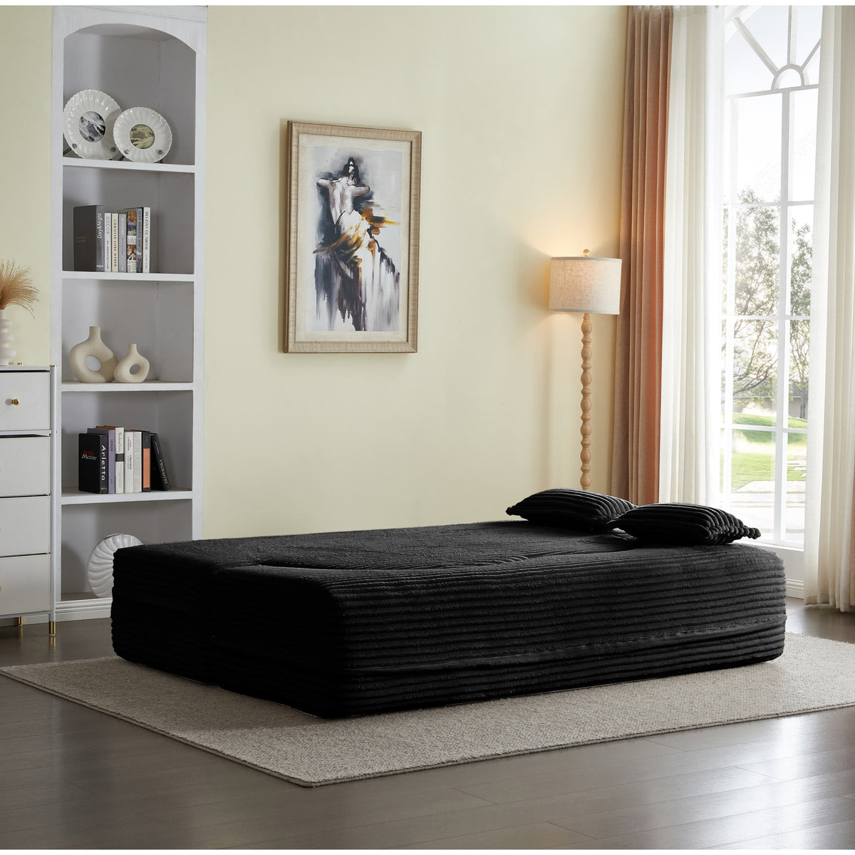 Modern Floor Sofa with 2 Pillows, Convertible Plush Corduroy Foam-Filled Sleeper Sofa Bed,15 ' Full Size Folding Mattress for Living Room, Guest Bed, no assembly required, Light Grey