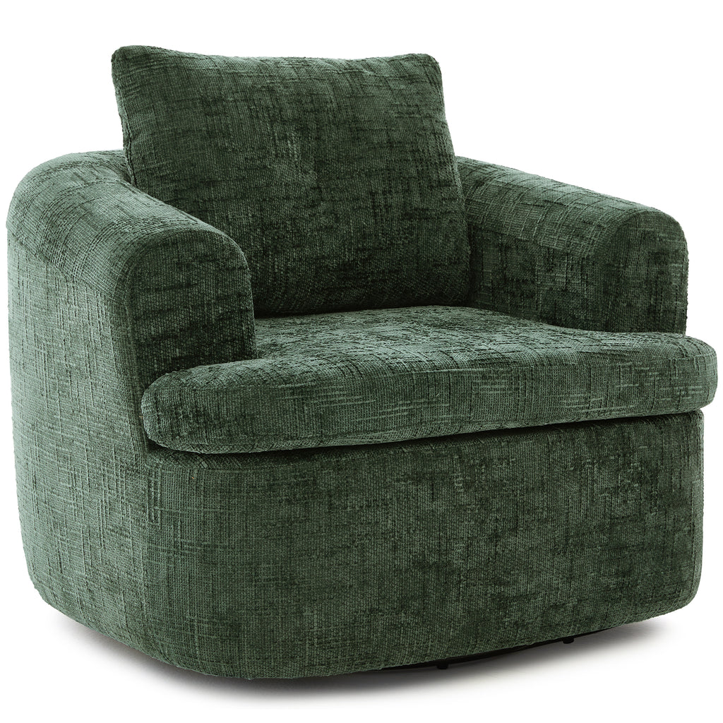 Green chenille accent chair tufted backrest cushion detail