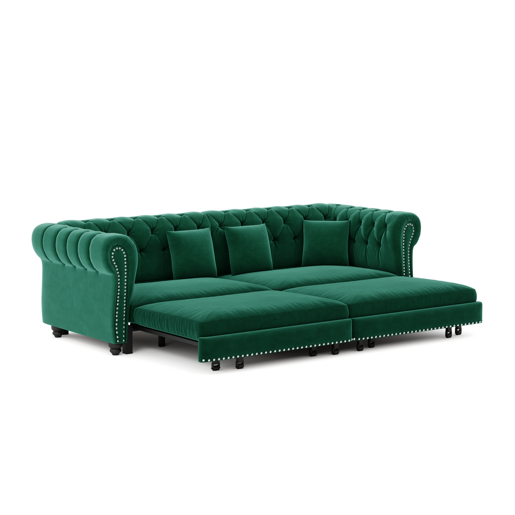 Chesterfield Sofa,89 ' W 3-in-1 Pull-Out Sofa Bed, Convertible Sleeper Sofa Bed,King Size Sofa Bed, Chaise Lounge,Velvet 3-Seater Sofa with Movable Ottoman, Blue(Old Sku:W1885S00443/W1885S00175)