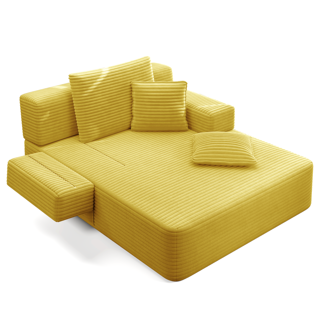 Oversized Plush Corduroy Chaise Lounge Sofa Bed,Convertible Sleeper Couch Bed w/ Storage Pockets,3 Soft Pillows,Multi-Functional Frameless Sofa Couch for Apartment,Home Theater,Guest Room,Beige&White