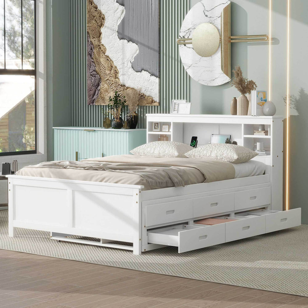 Full size white platform bed with USB headboard — angle view