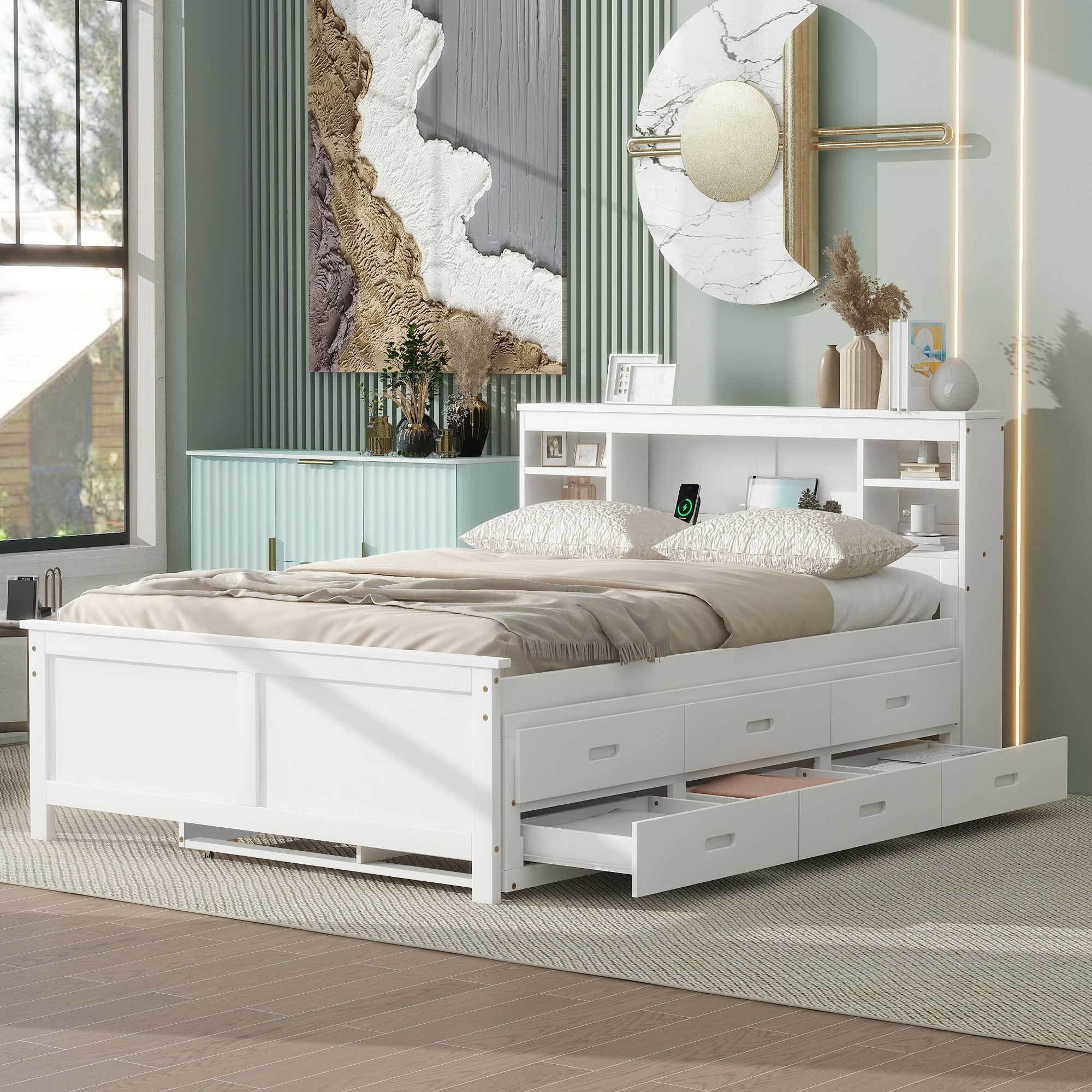 Full size white platform bed with USB headboard — angle view