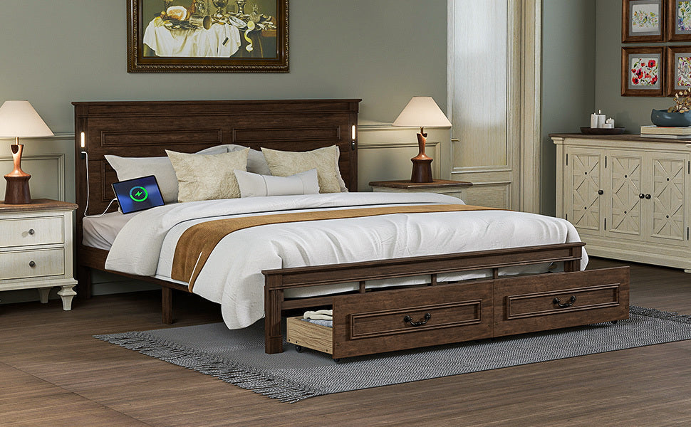 King Size Bed with Tall-Panel Headboard & Footboard, 2 Storage Drawers, Built-in LED Lights, USB Charging Station, Pinewood Bed with Strengthened Bed Frame ,White