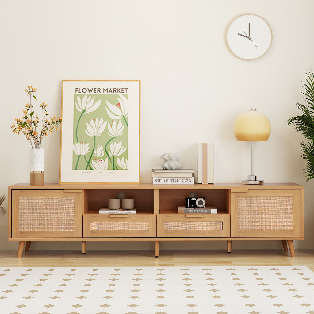 Open shelf storage on farmhouse TV console