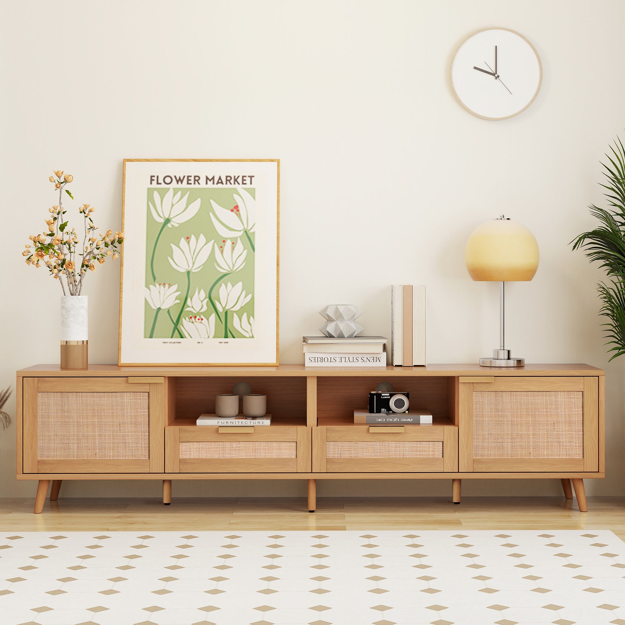Open shelf storage on farmhouse TV console