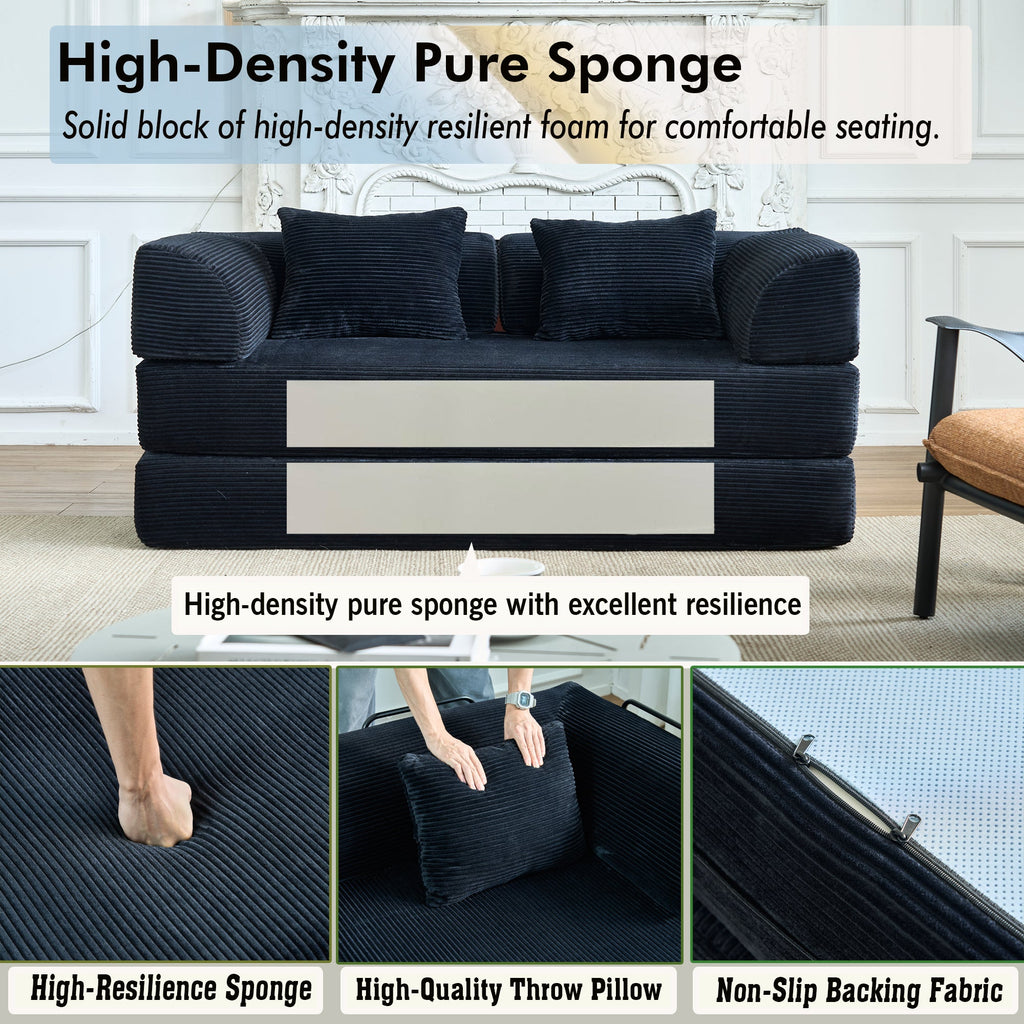 Convertible Sleeper Sofa Bed, Corduroy Folding Mattress Couch with Fixed-Shape Frame, Floor Sofa Lounge Couch Boneless Sofa for Living Room Bedroom, Light Gray