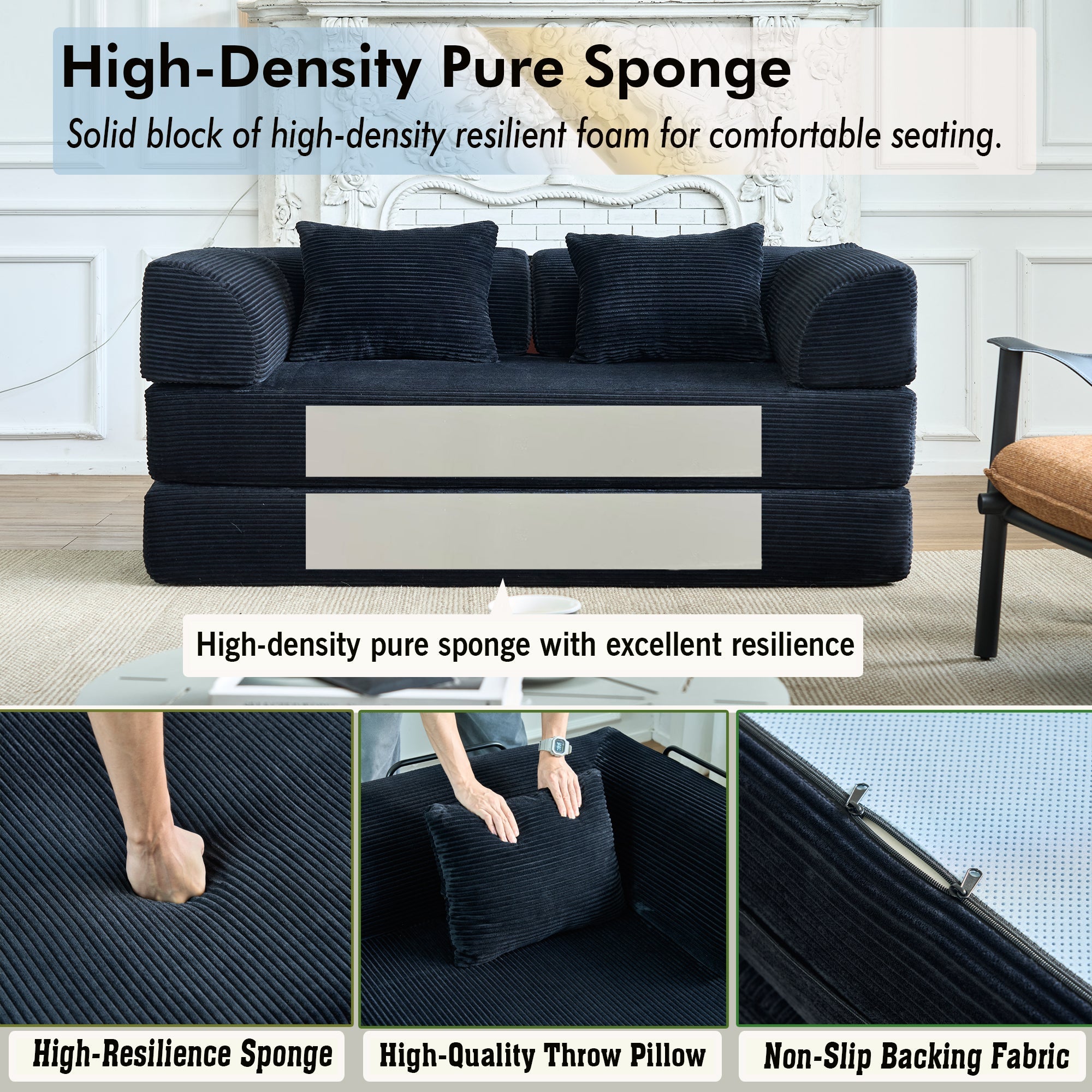 Convertible Sleeper Sofa Bed, Corduroy Folding Mattress Couch with Fixed-Shape Frame, Floor Sofa Lounge Couch Boneless Sofa for Living Room Bedroom, Light Gray