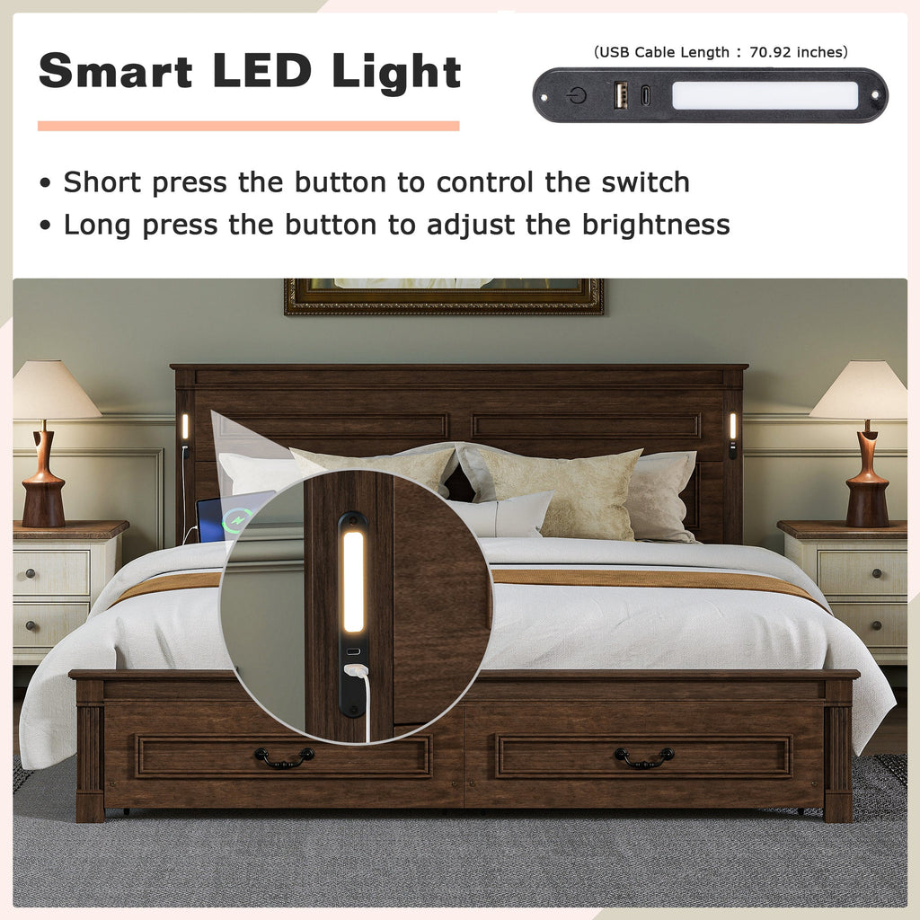 King Size Bed with Tall-Panel Headboard & Footboard, 2 Storage Drawers, Built-in LED Lights, USB Charging Station, Pinewood Bed with Strengthened Bed Frame ,White