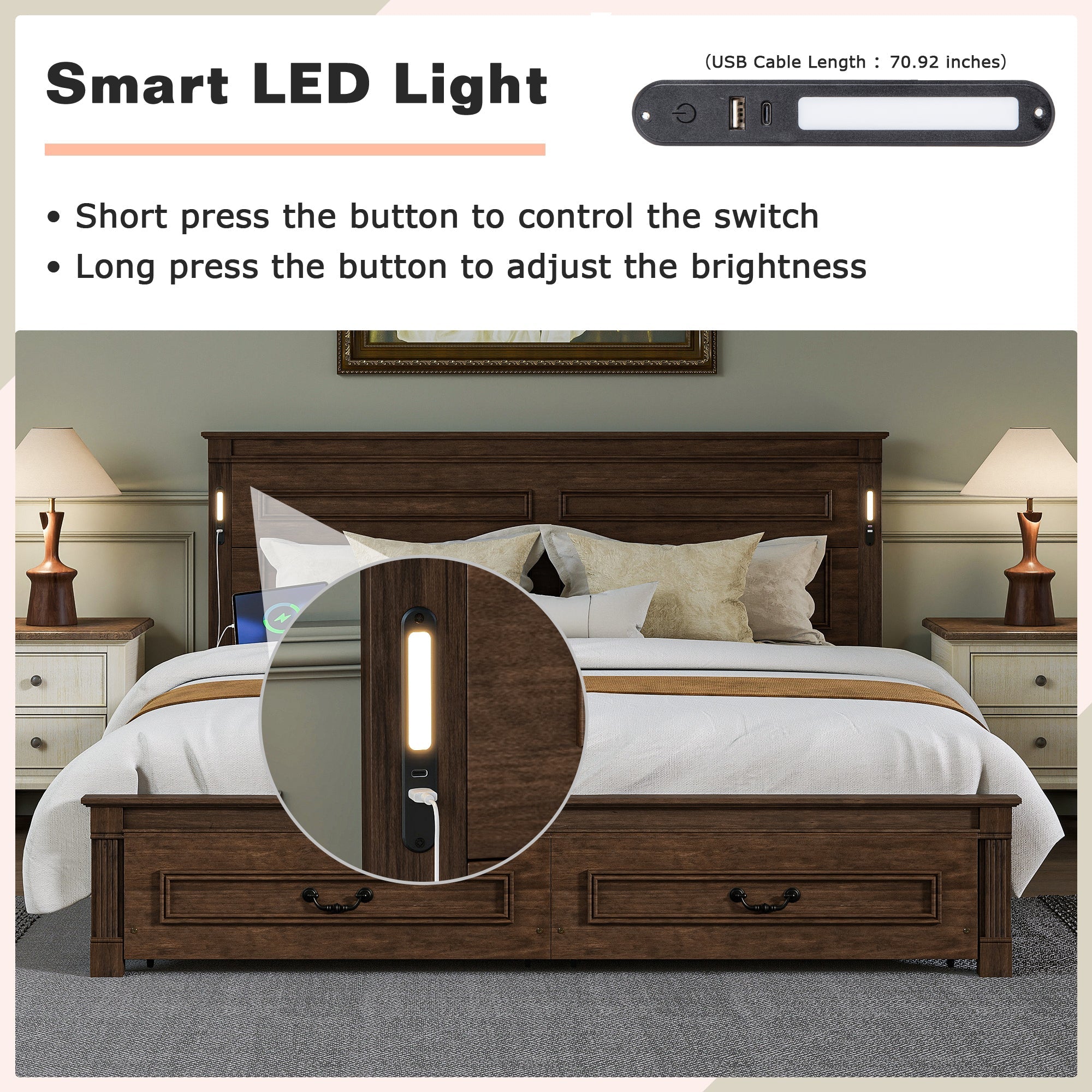 King Size Bed with Tall-Panel Headboard & Footboard, 2 Storage Drawers, Built-in LED Lights, USB Charging Station, Pinewood Bed with Strengthened Bed Frame ,White