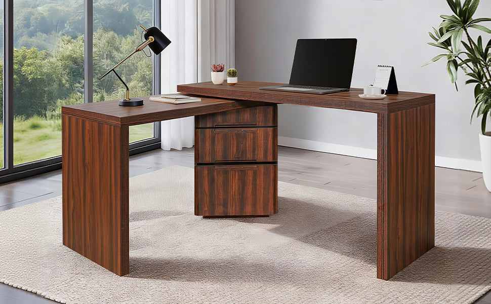 L-shaped executive desk top view showing rotation range