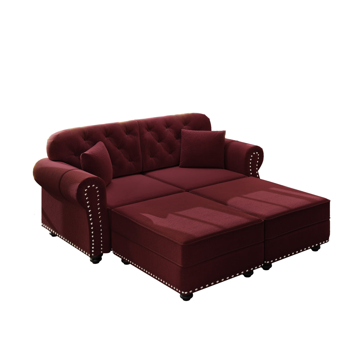 63'Upholstered Velvet Sofa with Nailhead Trim and Rolled Armrests,Mid-Century Modern Chesterfield Sofa with Button Tufted,Includes 2 Pillows,Beige/White
