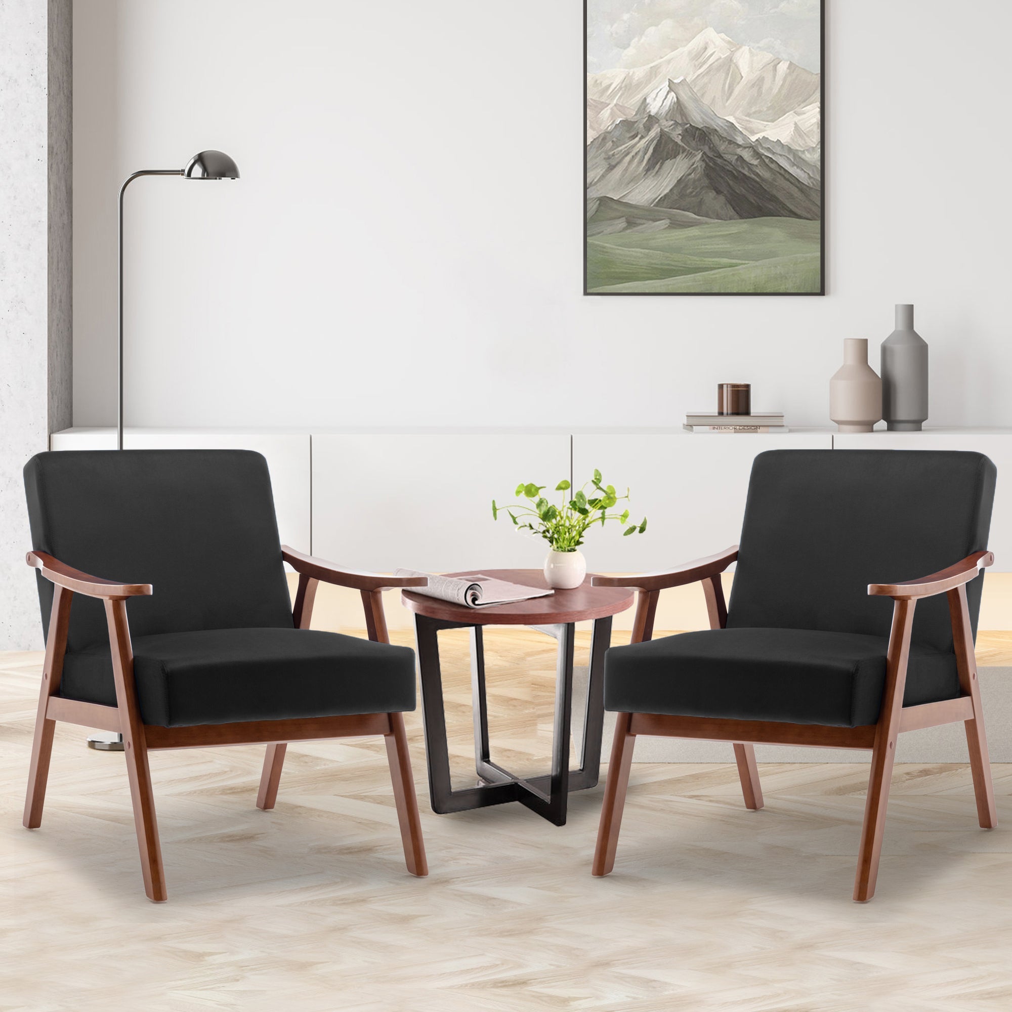 Velvet Mid-Century Wingback Accent Chair — Wood Frame & Thick Backrest