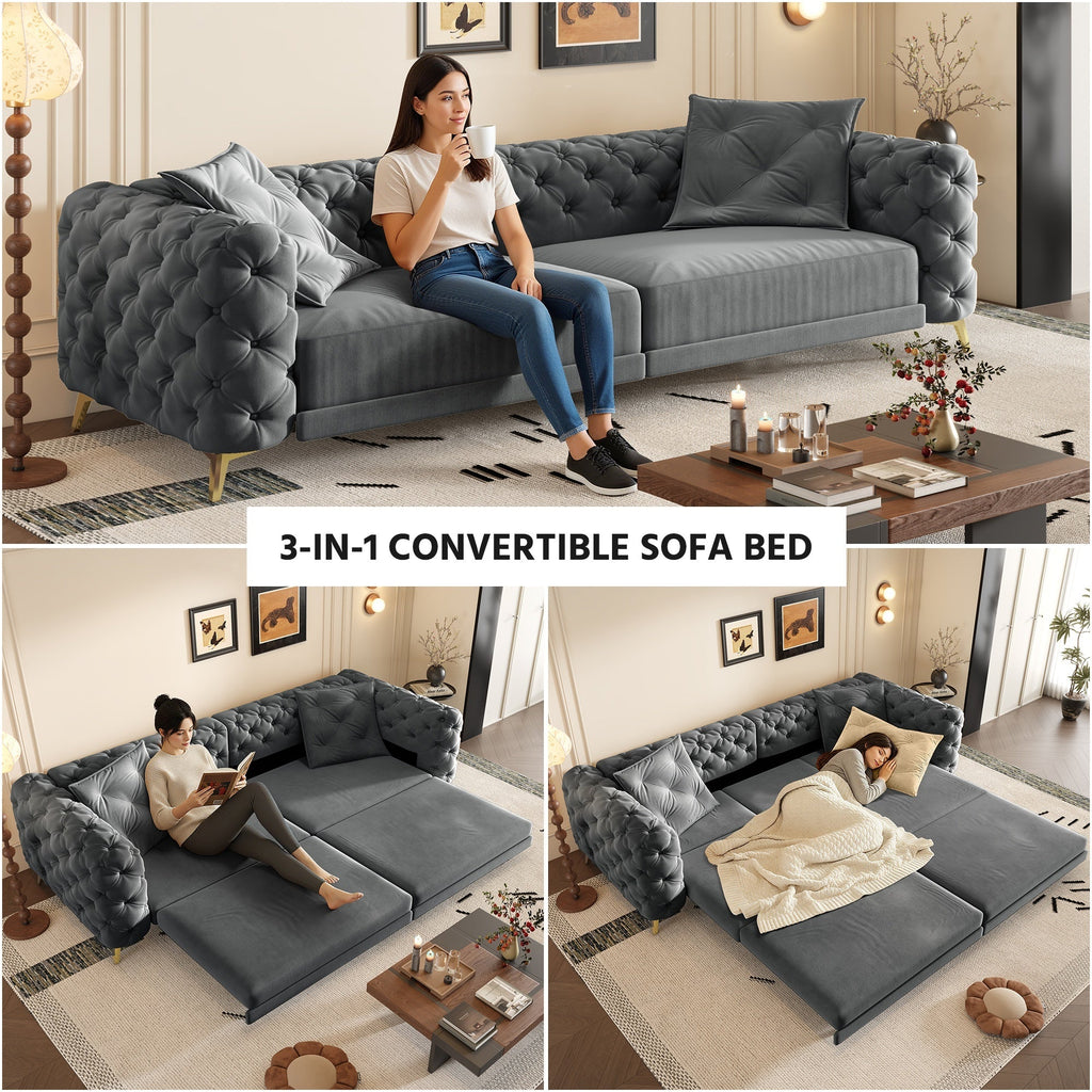 97.7' 3-in-1 Convertible Sleeper Sofa, 28.4' Deep Seat Pull Out Sofa Bed,Button Tufted Modern Sofa, 4-Seater Couch with Movable Ottoman for Apartment, Office, Bedroom,Beige/White