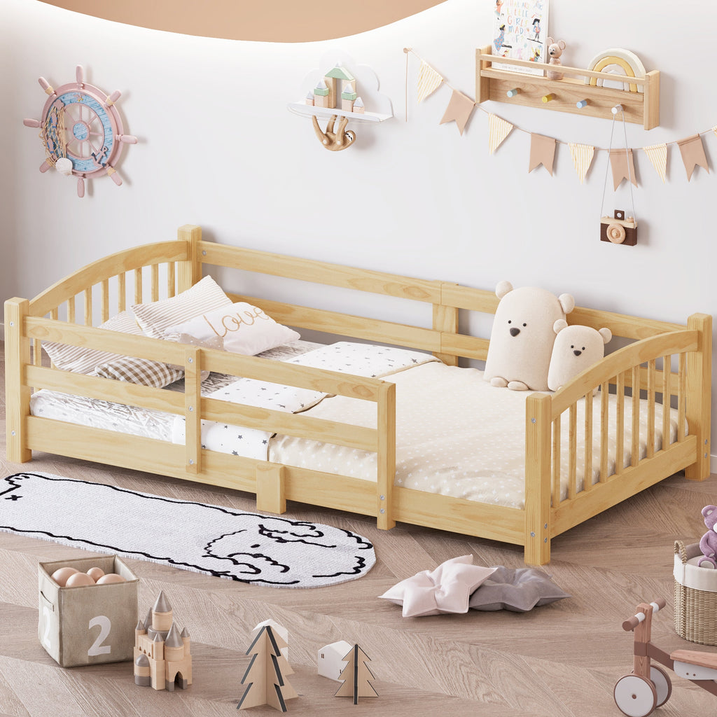 Twin Montessori Floor Bed with Slats and Safety Guardrails, Solid Wood Floor Bed with Fence and Without Door, Easy Assemble Montessori Bed for Girls and Boys, Gray