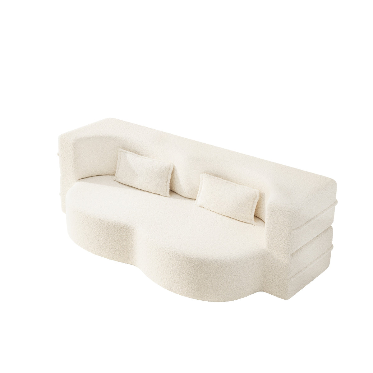 Modern Floor Sofa with 2 Pillows,Convertible Teddy Fabric Foam-Filled Sleeper Sofa Bed,15' Twin Size Folding Mattress for Living Room,Guest Bed,Playroom,no assembly required,Beige/White