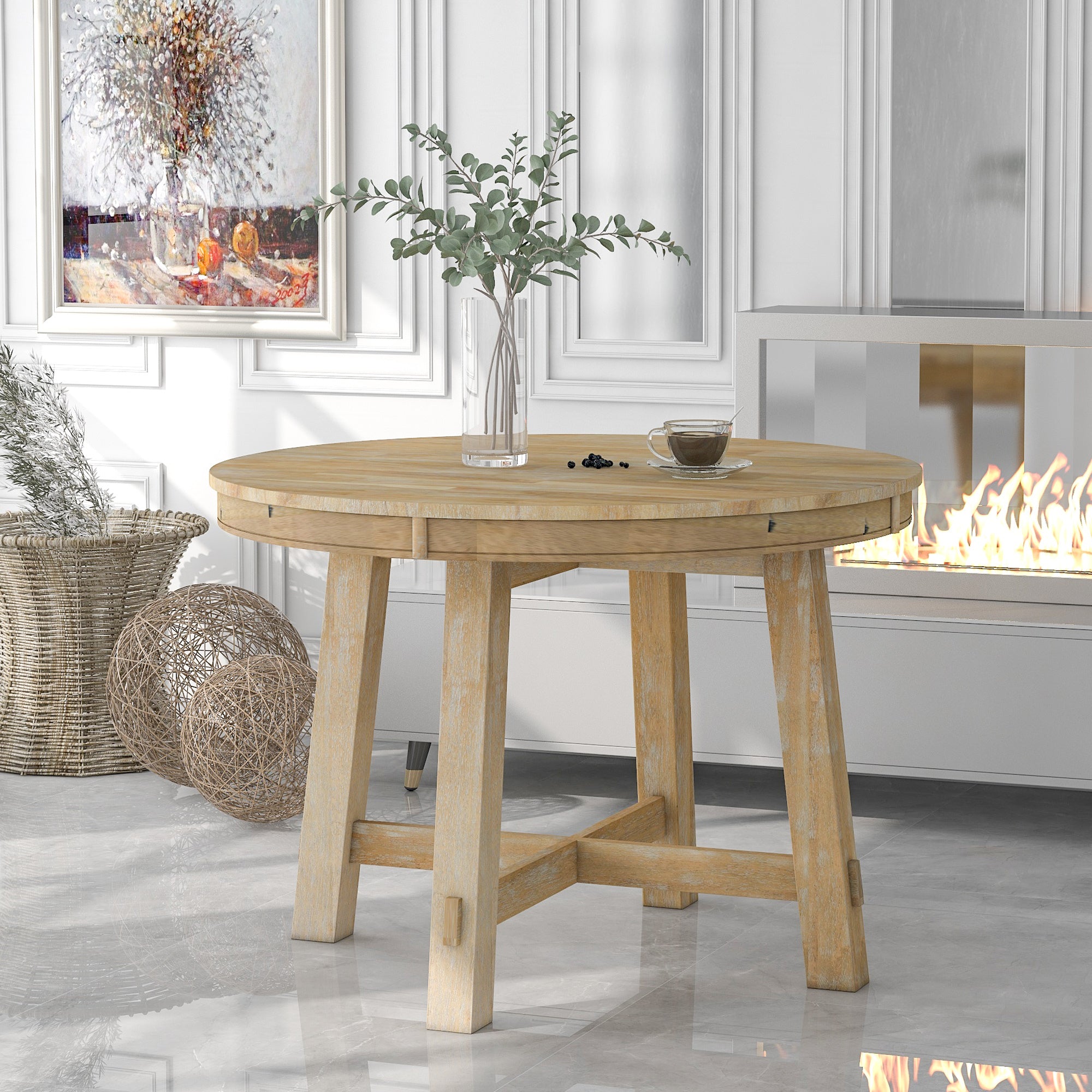 Round dining table X-shaped base natural wood legs detail