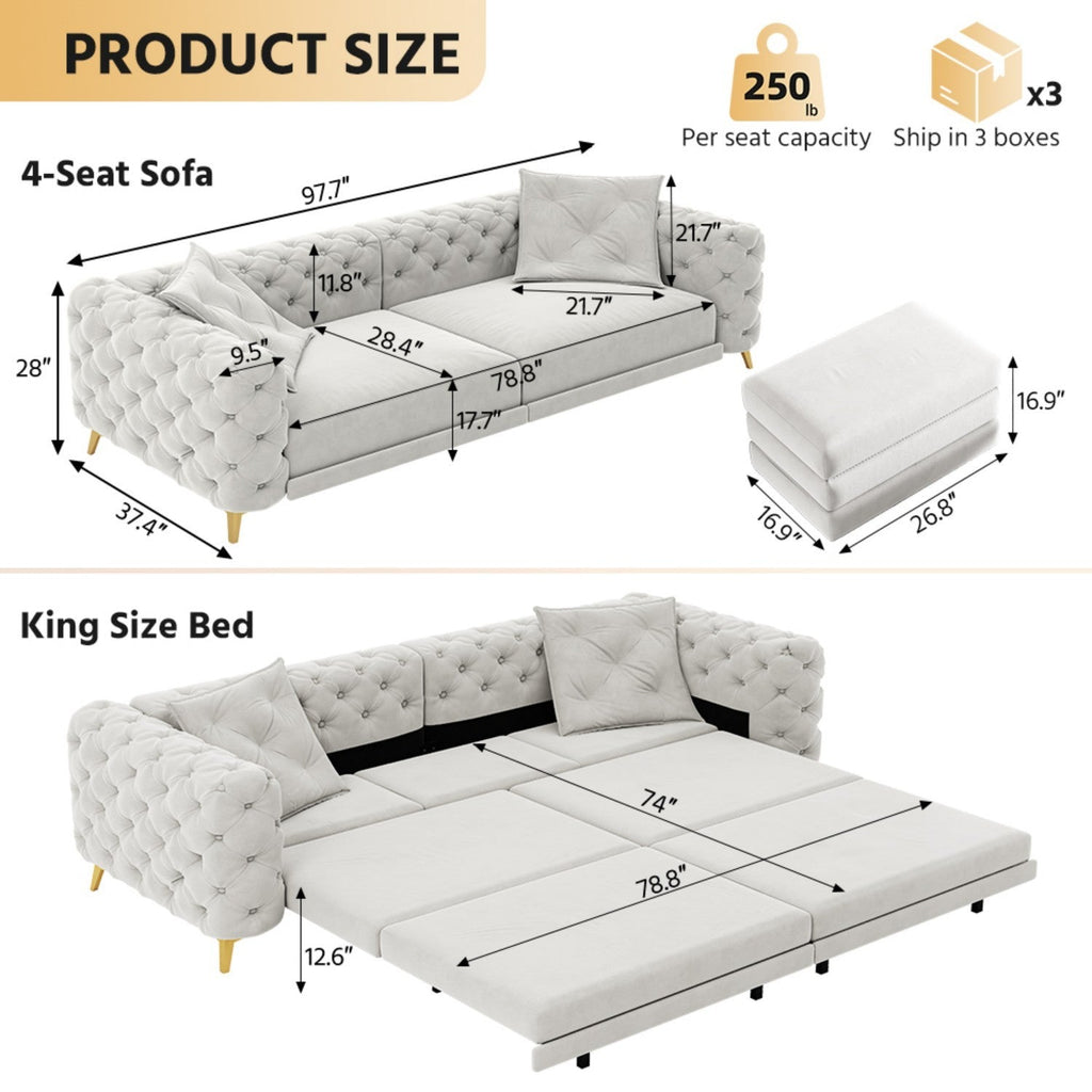 97.7' 3-in-1 Convertible Sleeper Sofa, 28.4' Deep Seat Pull Out Sofa Bed,Button Tufted Modern Sofa, 4-Seater Couch with Movable Ottoman for Apartment, Office, Bedroom,Beige/White