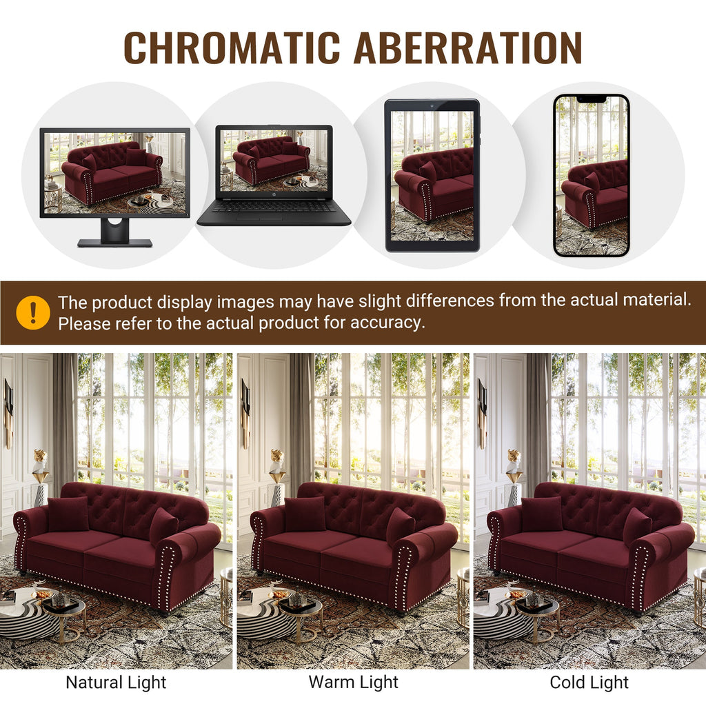 41.3'Upholstered Velvet Sofa with Nailhead Trim and Rolled Armrests,Mid-Century Modern Chesterfield Sofa with Button Tufted,Includes 1 Pillows,Brown