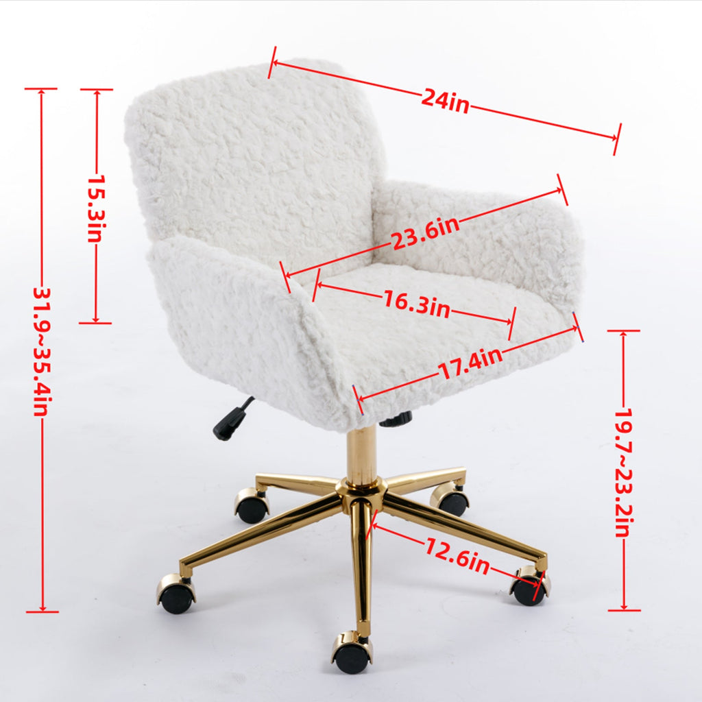 Faux Fur Office Chair — 40° Reclining with Gold Metal Base & Wheels