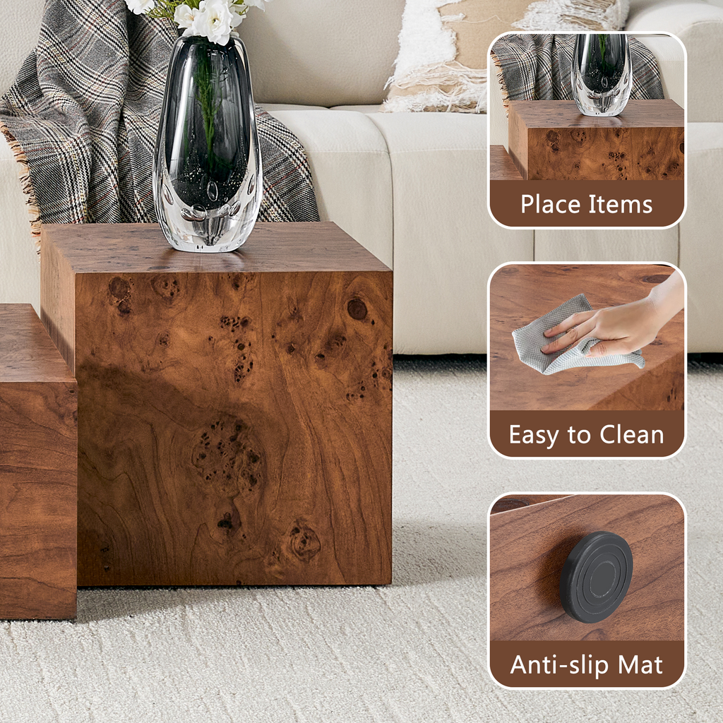 Premium Burl Walnut Veneer MDF Cube Table, Height Adjustable Multi-purpose Coffee Side End Table for Living Room, 11.8'×11.8'×19.7', No Extra Items Included