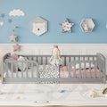 Twin Size Floor Fence Bed with Central Entrance,Pine Wood Floor bed with Guardrails,Grey