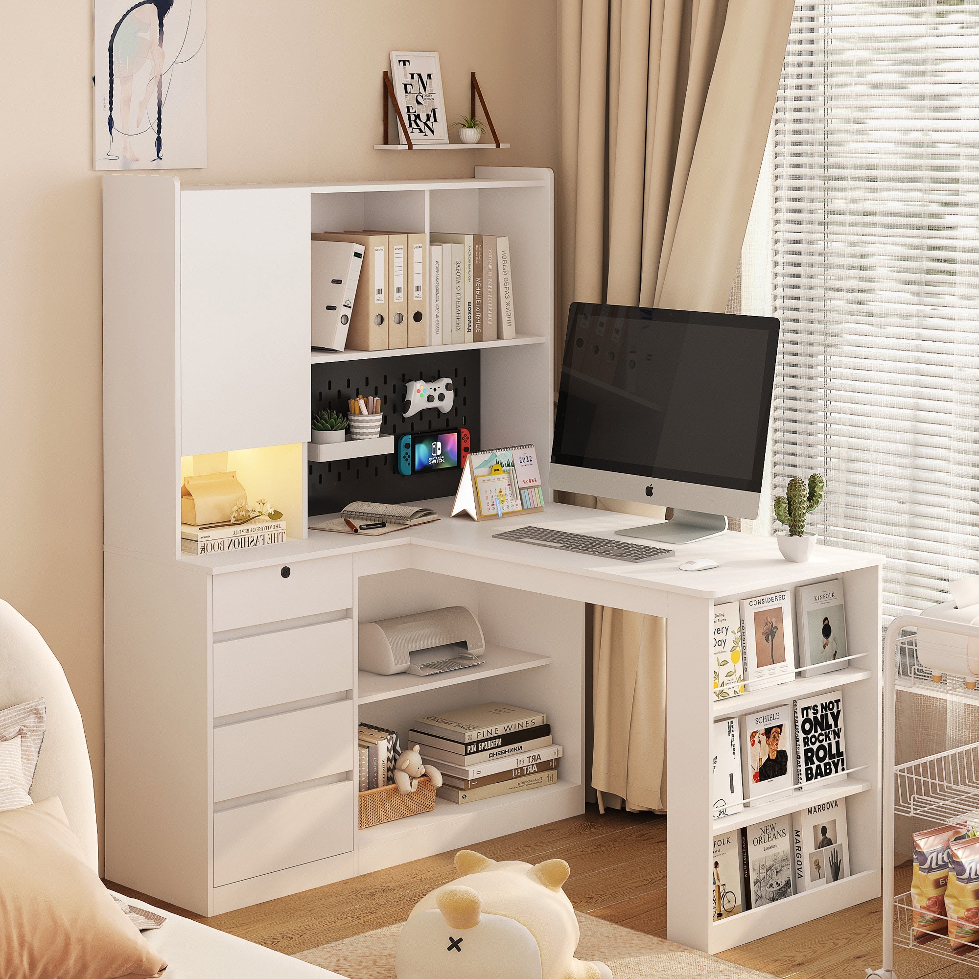 L-Shaped Desk with Bookshelf, Charging Station, Drawers & LED Light