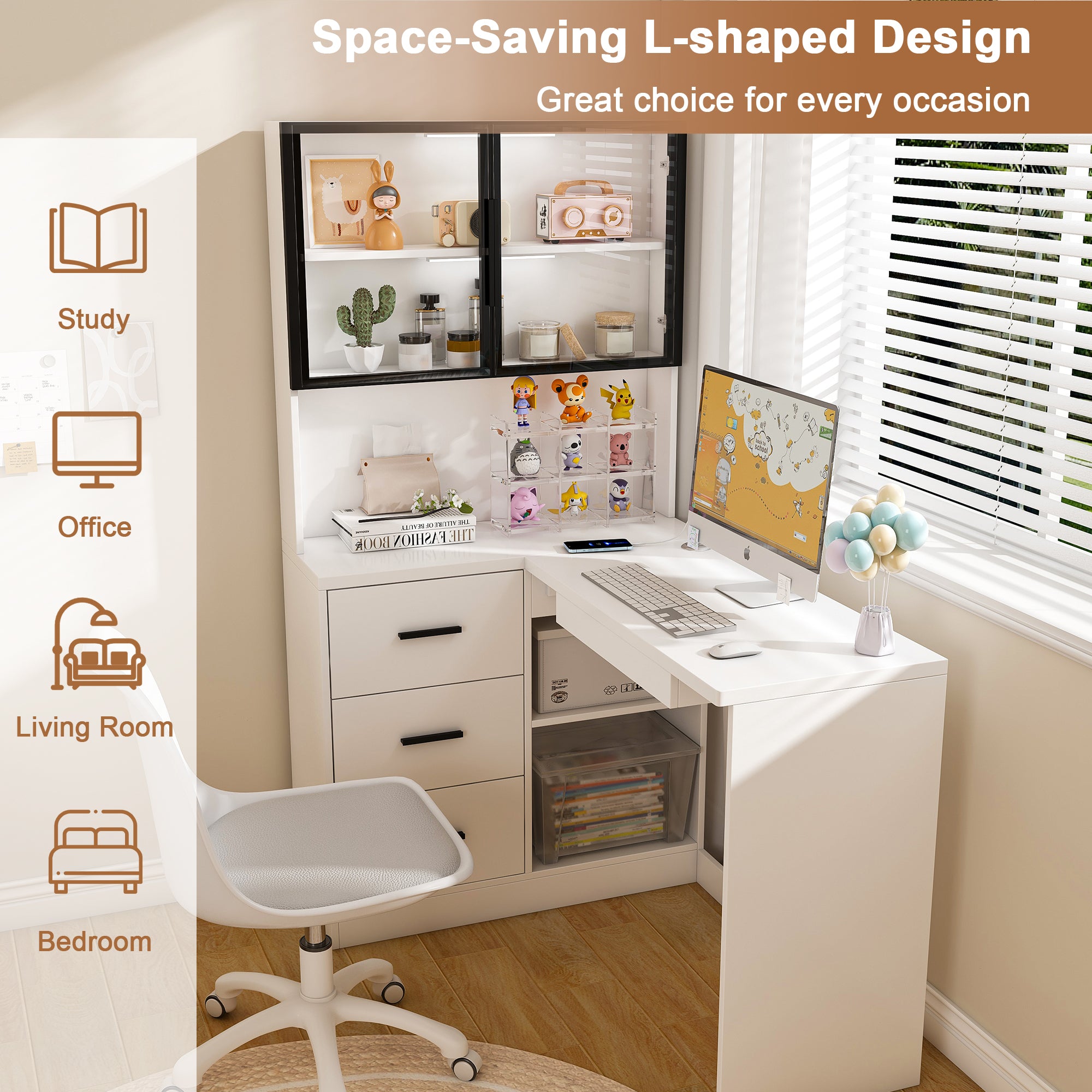 Home office L-shaped computer desk with LED lights