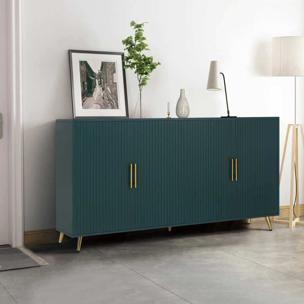 Navy blue TV stand with vertical-line cabinet doors