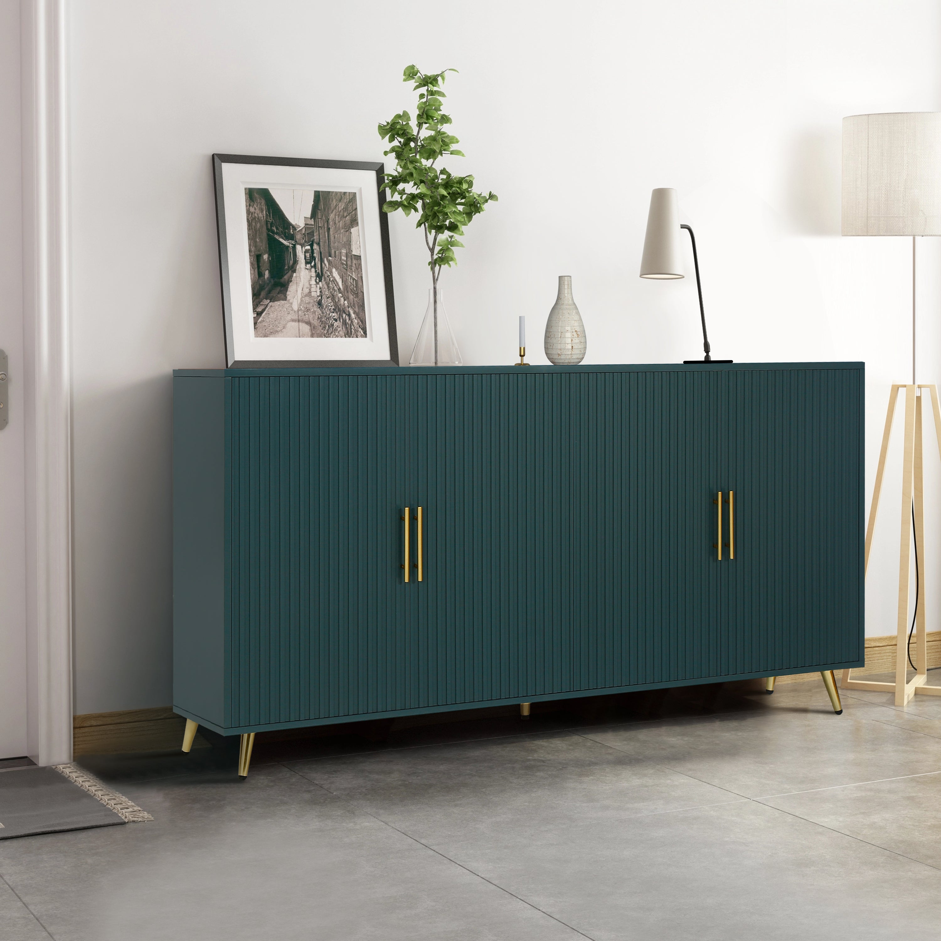 Navy blue TV stand with vertical-line cabinet doors