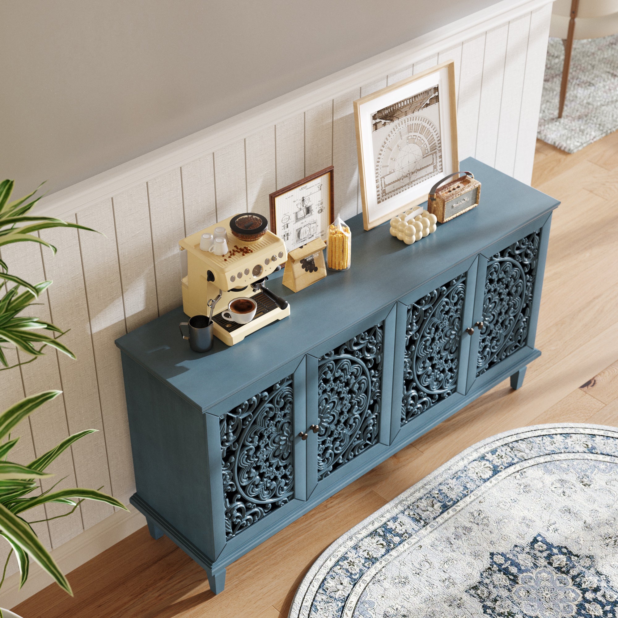 Floral carved door buffet cabinet antique blue finish