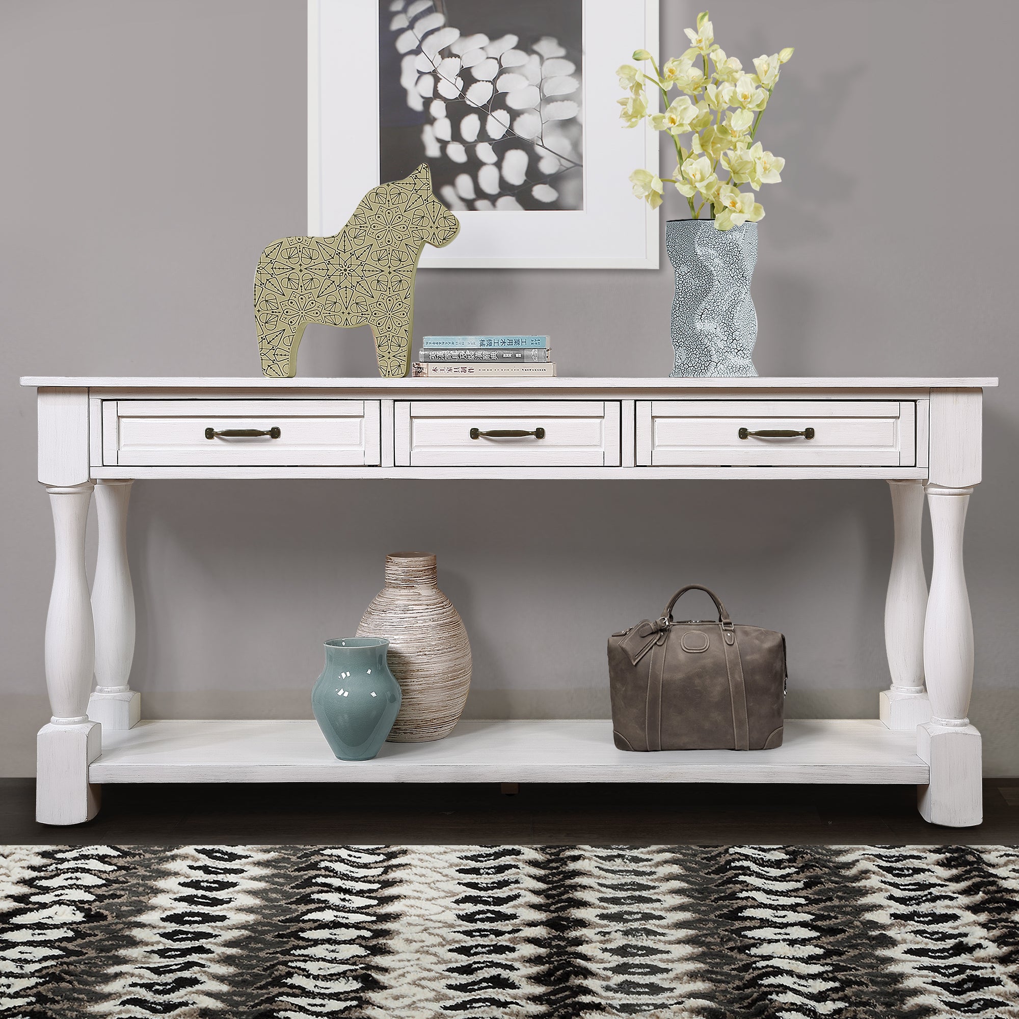 Antique white console table with three drawers — front view