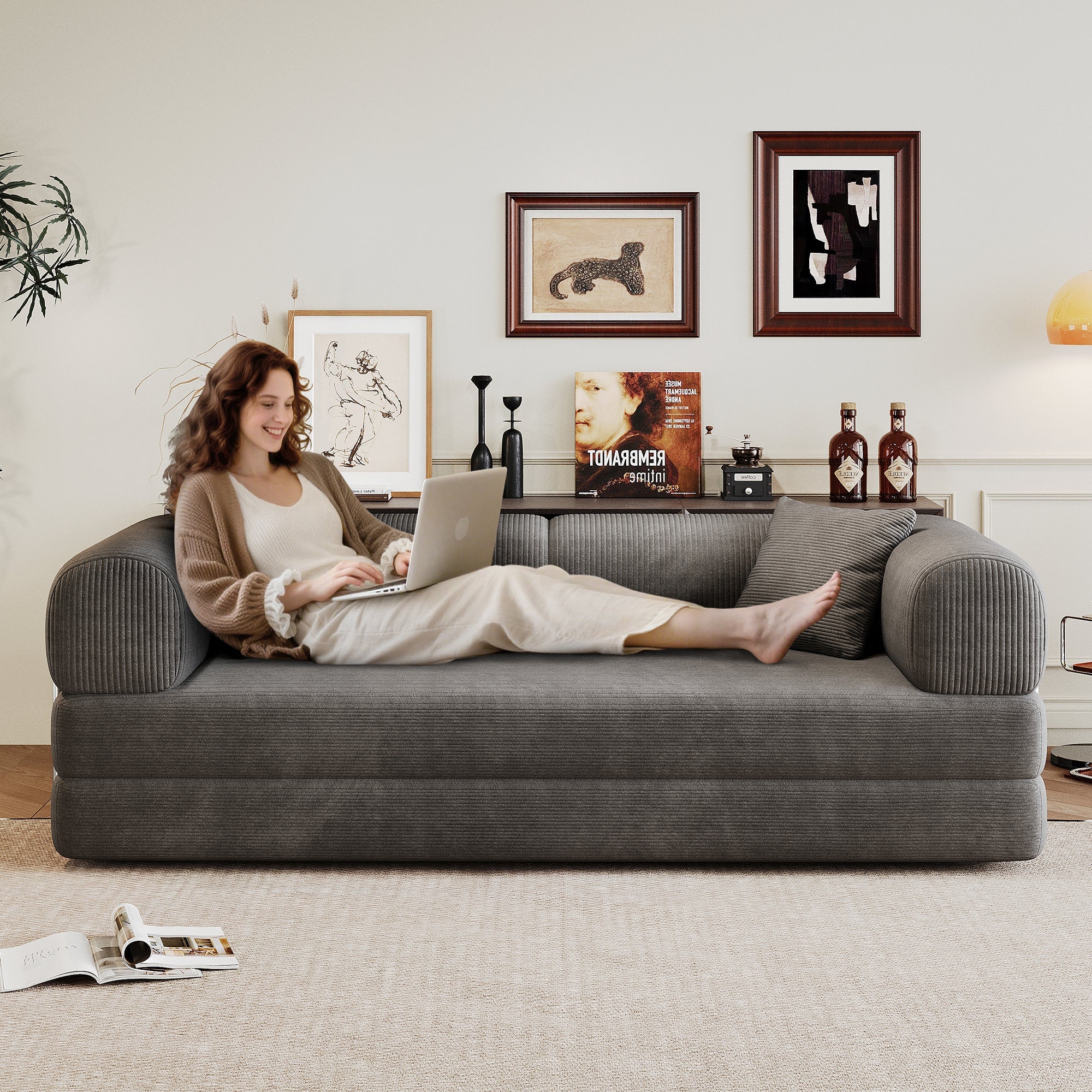 Corduroy Compression Convertible Floor Sofa Bed — Modular Loveseat, 78.8" Wide