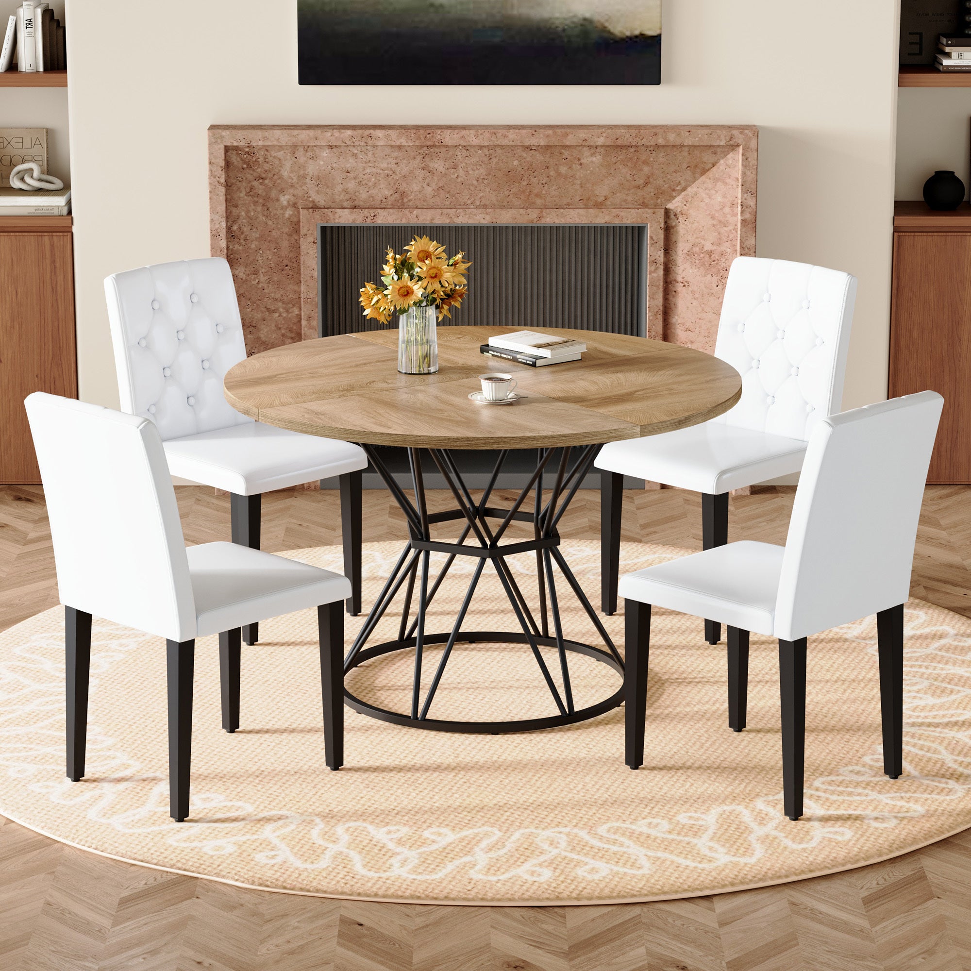 Table and chair set. A circular wood MDF dining table with a diameter of 47.3 inches,black hourglass shaped metal brackets.Paired with 4 white PU dining chairs: ergonomic buckle backrest.
